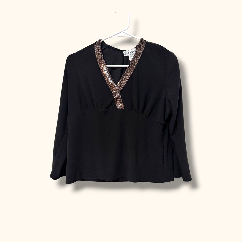 Carol Rose Top Womens Large Black Sequin V-Neck Long Sleeve Blouse Embellished